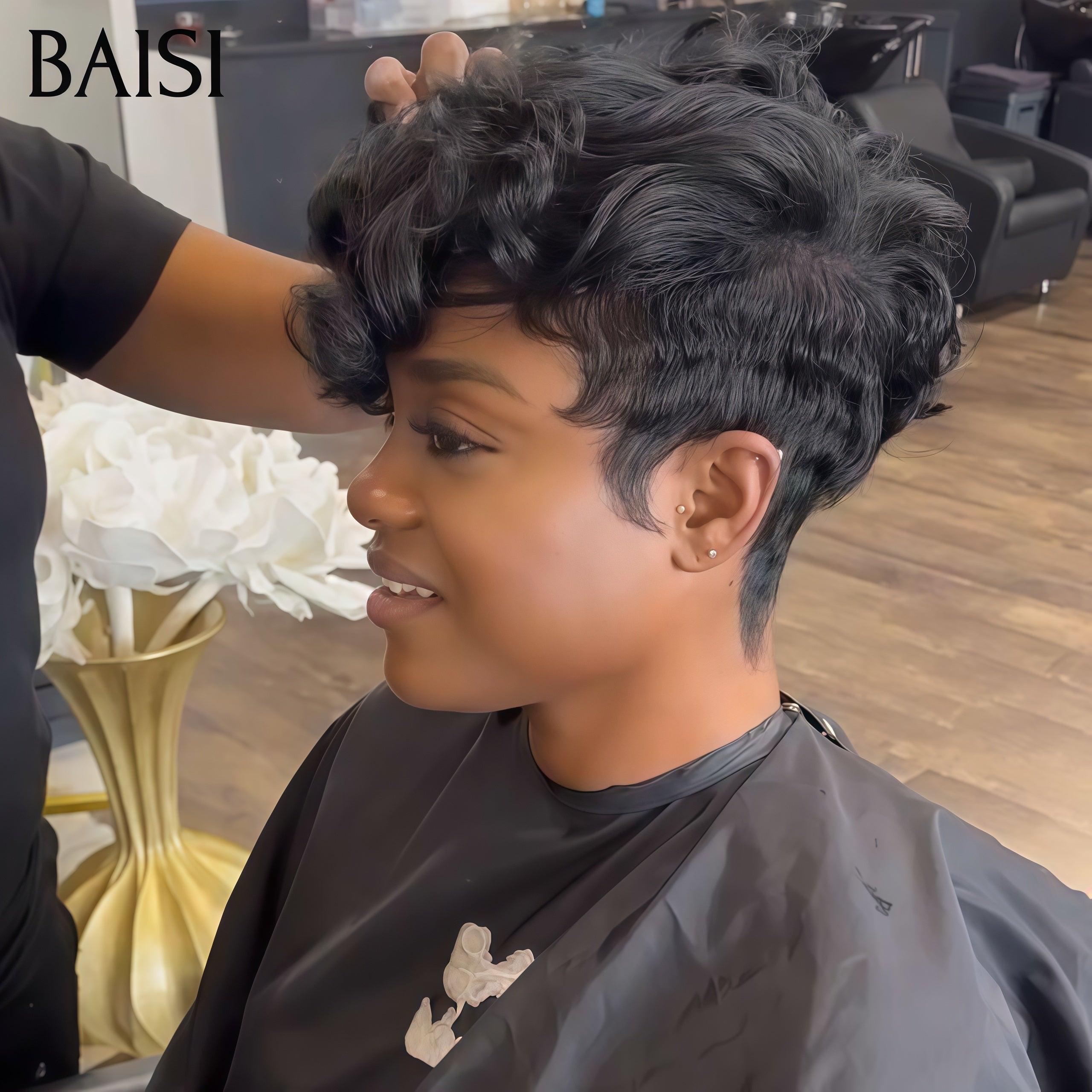 BAISI Wellige Perücke, Pixie-Schnitt, volle Spitze, Fingerwelle, kleiner Schnitt in schwarzer Farbe aus 100 % Echthaar BS50