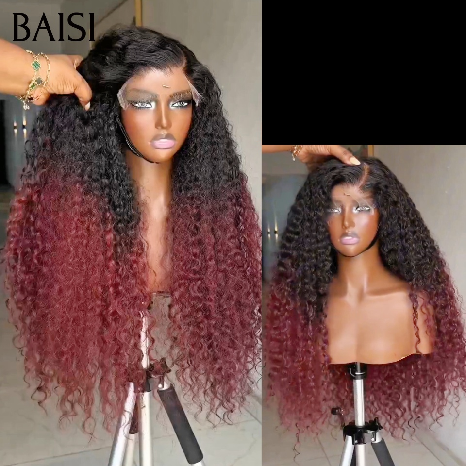 BAISI 13×4 Lace frontal Perruque Curly wave Moitié Prix en couleur Bordeaux 1BT99J# en 100% Cheveux Humains