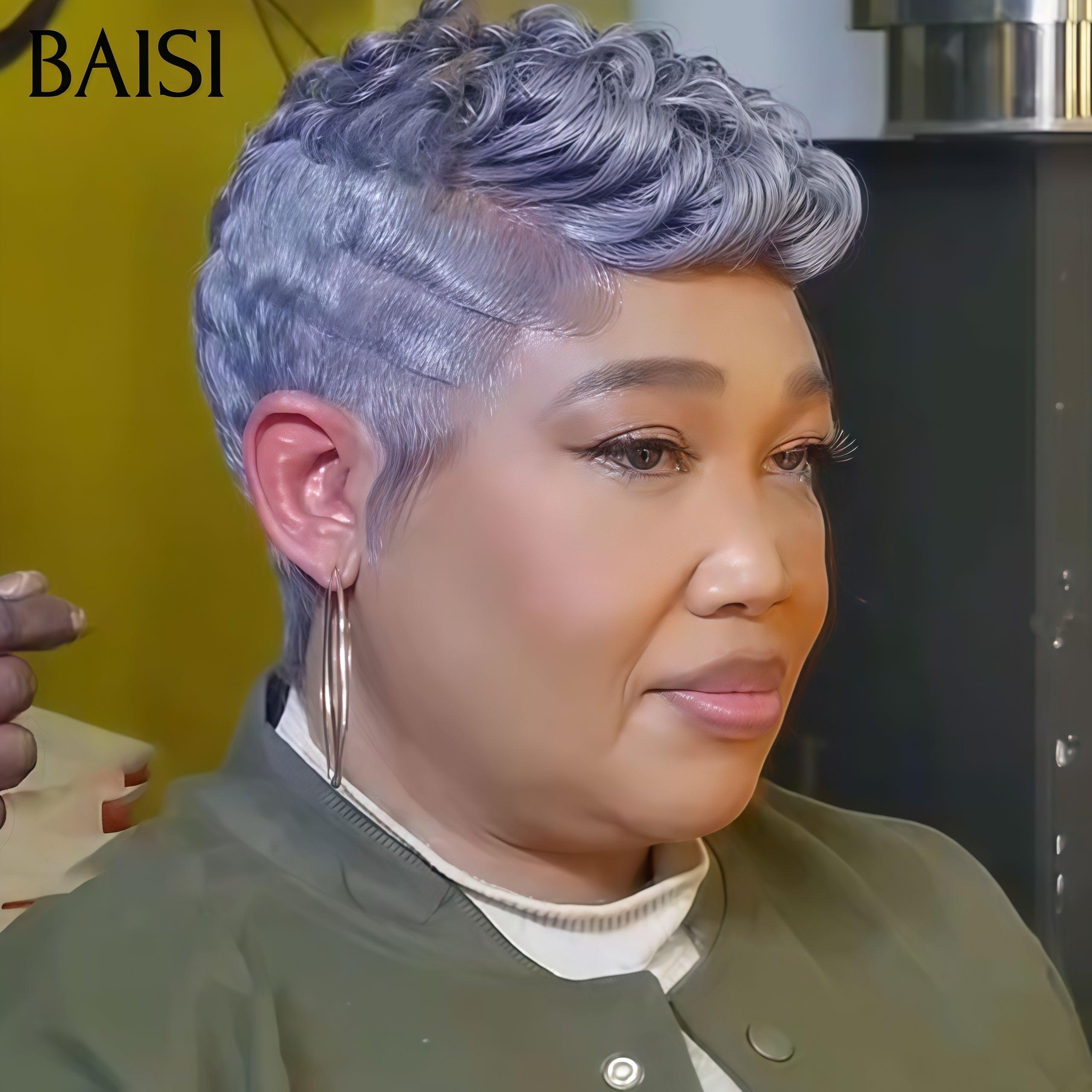 BAISI Wellige Perücke, Pixie-Schnitt, volle Spitze, Fingerwelle, kleiner Schnitt in schwarzer Farbe aus 100 % Echthaar BS50