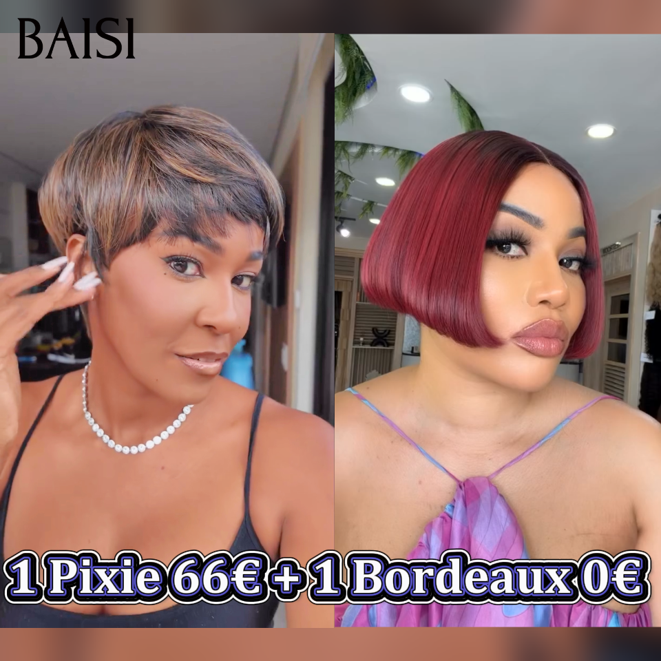 BAISI 1 Pixie 66€ + 1 Bordeaux 0€ Pixie Sans Colle et Lisse BOB blended human hair ou vente flash 8 perruques en 100% vrais cheveux humains 399 euro pixie et curly wave et Body wave
