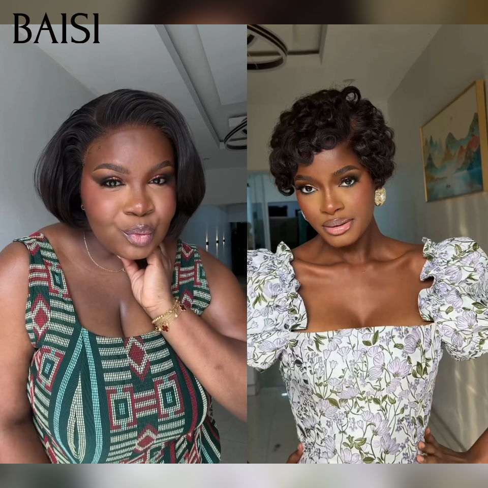 BAISI 1 Chioma 68€ + 1 BOB 0€ Pixie 13x4 Lace finger wave et Sans Colle ou 4X4 lace closure Perruque Bouclée Egg Wave 90€ Moitié Prix en couleur marron mixte orange En 100% Cheveux Humains