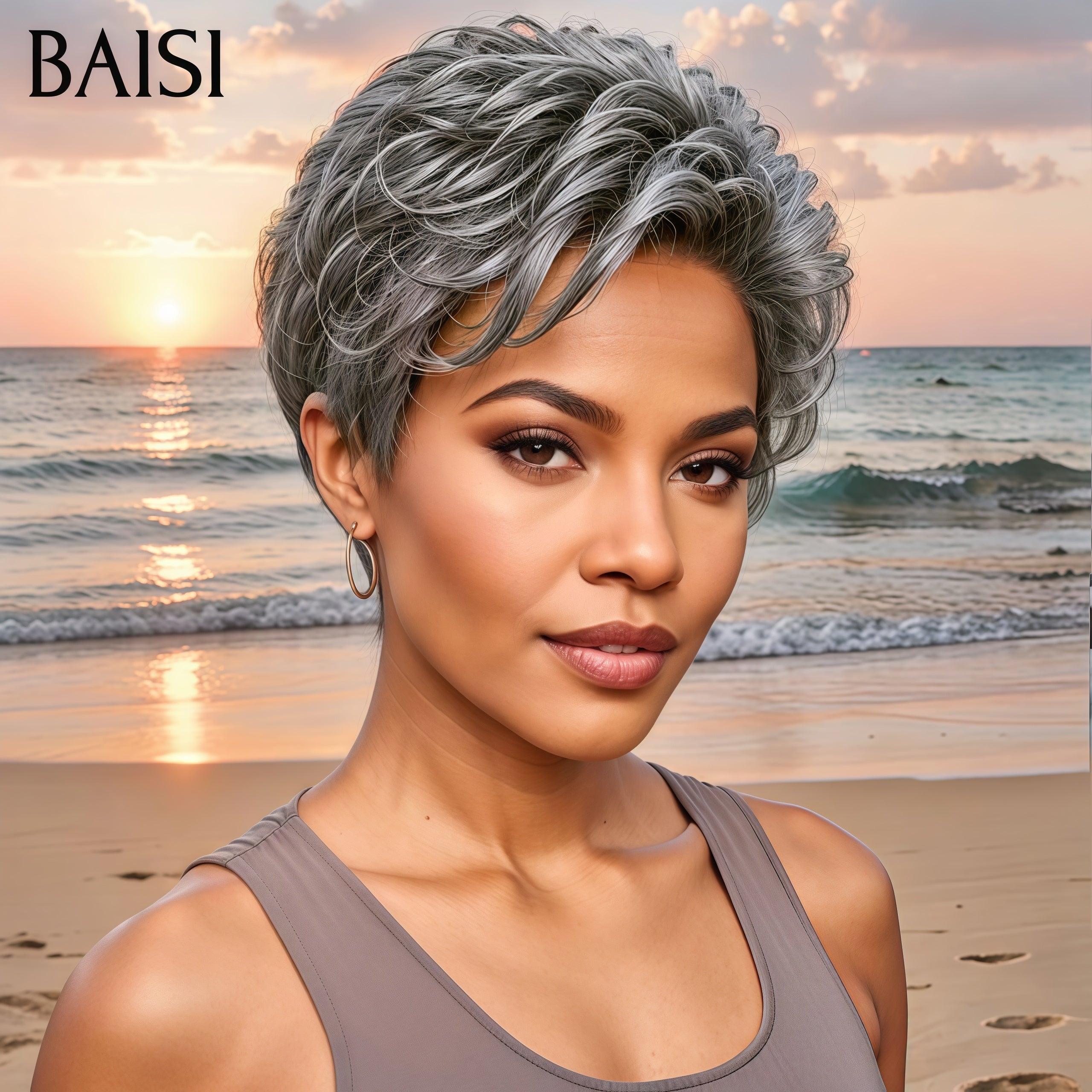 BAISI Collection Perruques Poivre et Sel pixie Lisse Gris sophistiqué élégance mature et naturelle style parisien intemporel en 100% Cheveux Humains ou pixie NOIR 45€ BS30