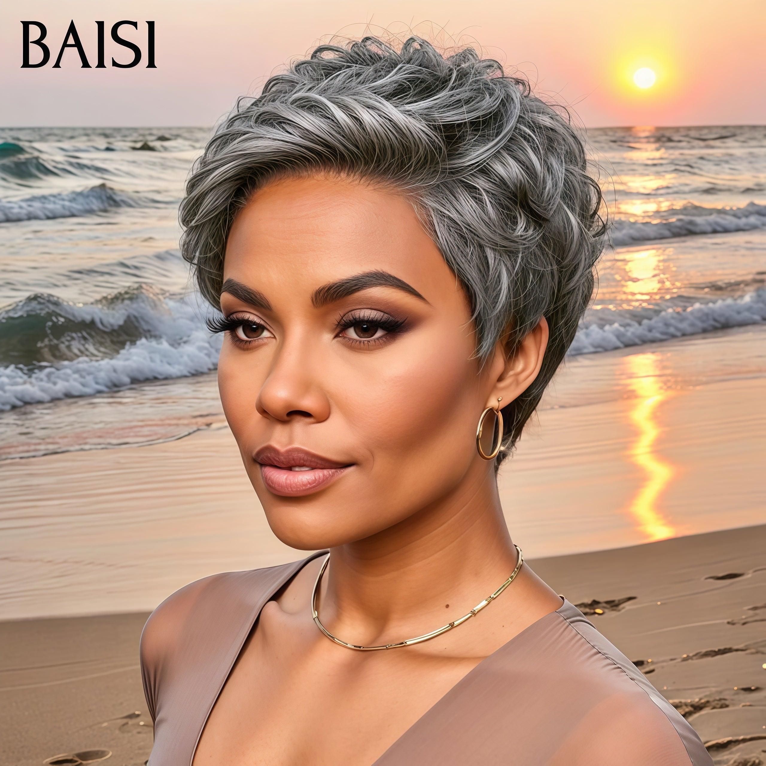 BAISI Collection Perruques Poivre et Sel pixie Lisse Gris sophistiqué élégance mature et naturelle style parisien intemporel en 100% Cheveux Humains ou pixie NOIR 45€ BS30