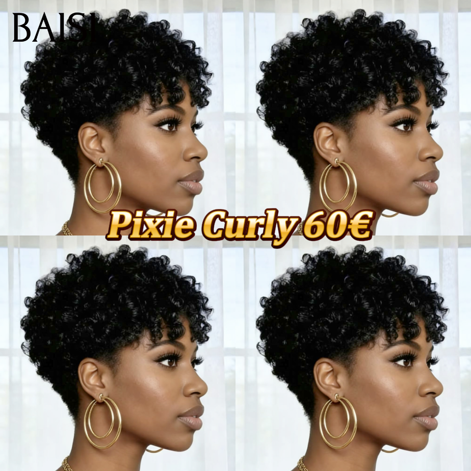 BAISI MARIA Perruque Pixie Curly 60€ ou Afro Sans Colle Sans Lace 100% Cheveux Humains