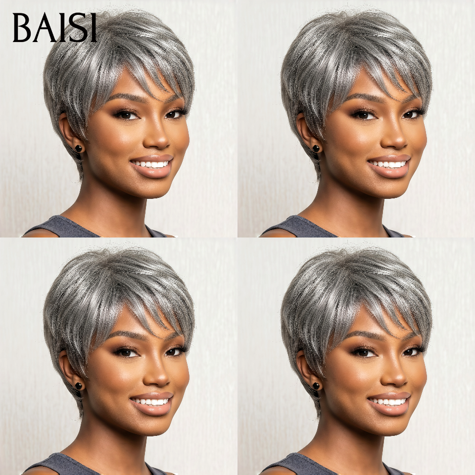 BAISI Achetez 2 perruques minimum au prix d'usine fournisseur Pixie Gris 45€ sans colle ou 13x4 Lace Frontal Perruque Egg curl En 100% Cheveux Humains (Pas Besoins De Code)