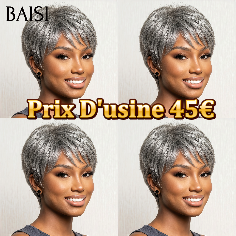 BAISI Achetez 2 perruques minimum au prix d'usine fournisseur Pixie Gris 45€ sans colle ou 13x4 Lace Frontal Perruque Egg curl En 100% Cheveux Humains (Pas Besoins De Code)