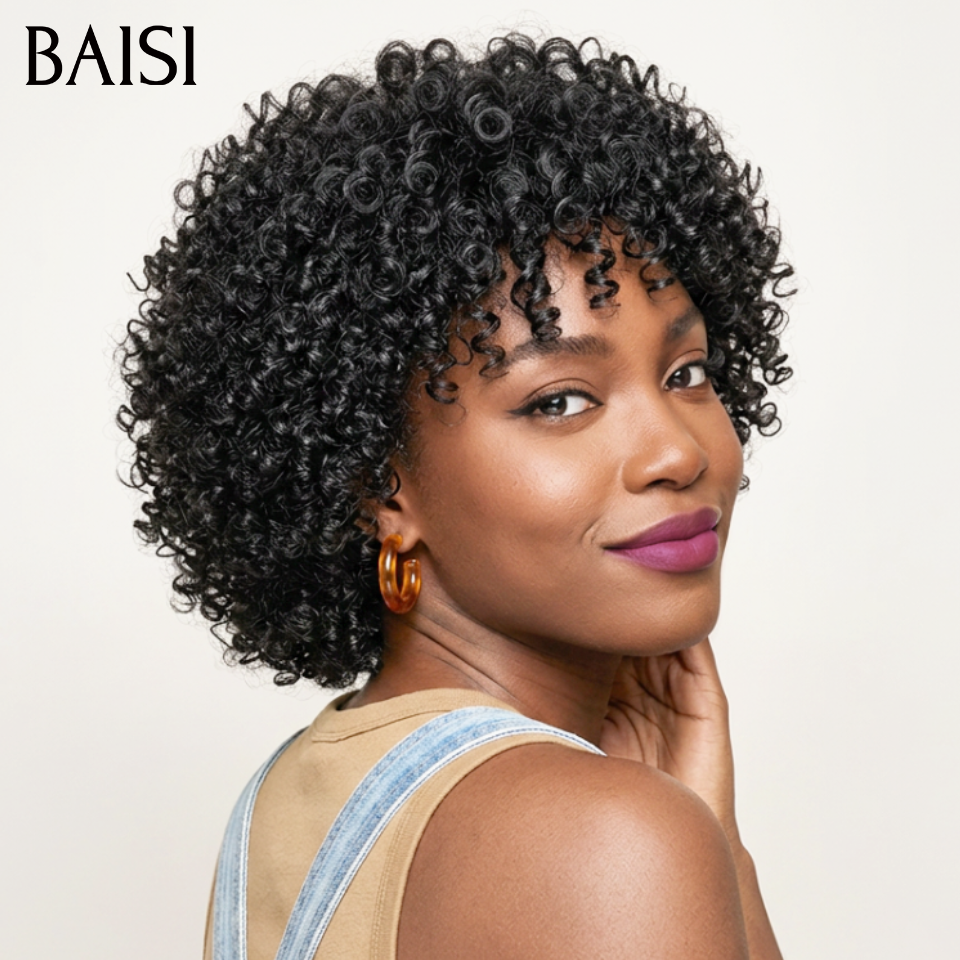 BAISI PROMO Perruque sans Colle curly Wave avec Frange en Noir 66€ en 100% vrais cheveux humains