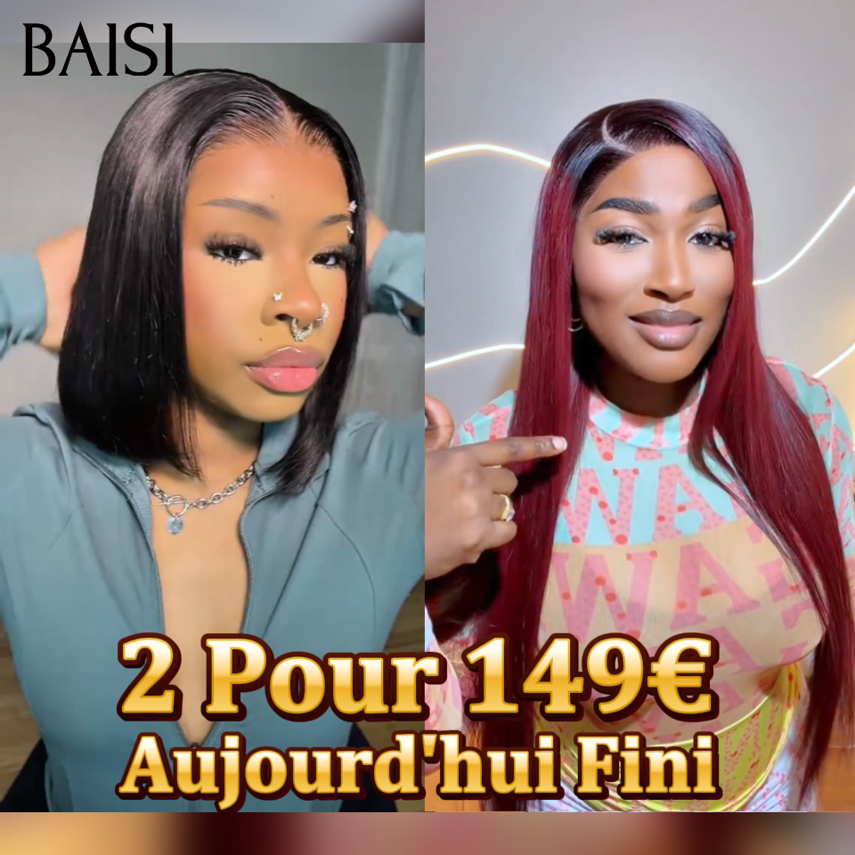 BAISI 2 Pour 149€ 13x4 Lace frontal Lisse 1BT99J# et blended human hair BOB ou Moitié Prix 69€ 13x4 lace frontal Perruque Bob lisse 10 Pouces en couleur Miel avec racine Marron en 100% Cheveux Humains
