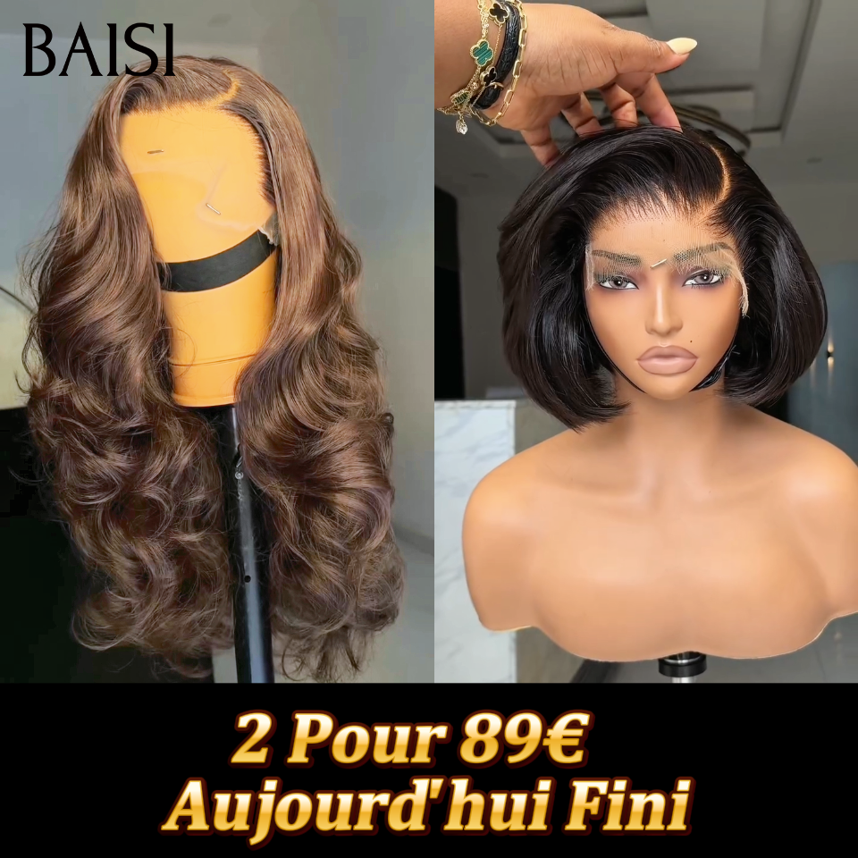 BAISI 2 Pour 89€ 13x4 Lace frontal Lisse BOB et blended human hair Marron 24 Pouces ou Perruque pixie lace frontal Bouclée Egg Wave 65€ Moitié Prix en couleur Marron Mixte Miel En 100% Cheveux Humains