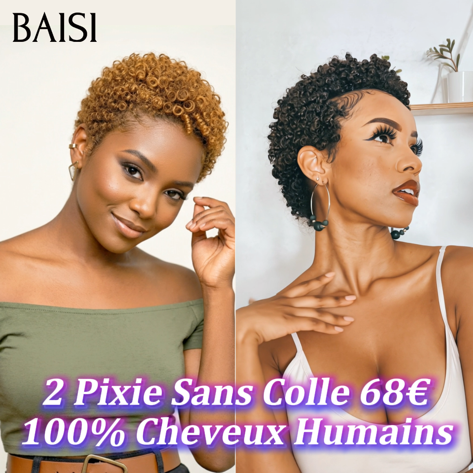 BAISI 2 Pixie Sans Colle 68€ Pixie afro curly ou 2 Perruques de Luxe Frontal 300€ Fabriquées par les cheveux double drawn 250% densité en 100% vrais cheveux humains