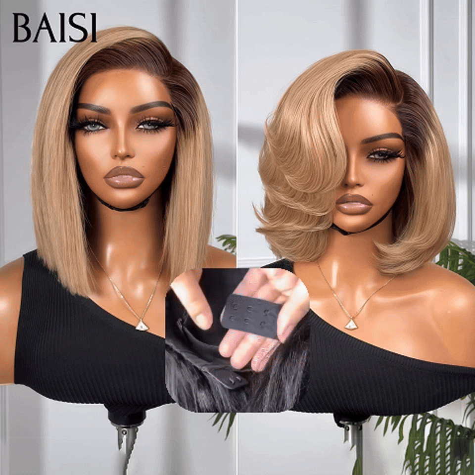 Parrucca Bob diritta BAISI 13X4 in grigio misto 70# pre-pizzicata senza colla necessaria in pizzo di capelli grezzi al 100% già tagliato