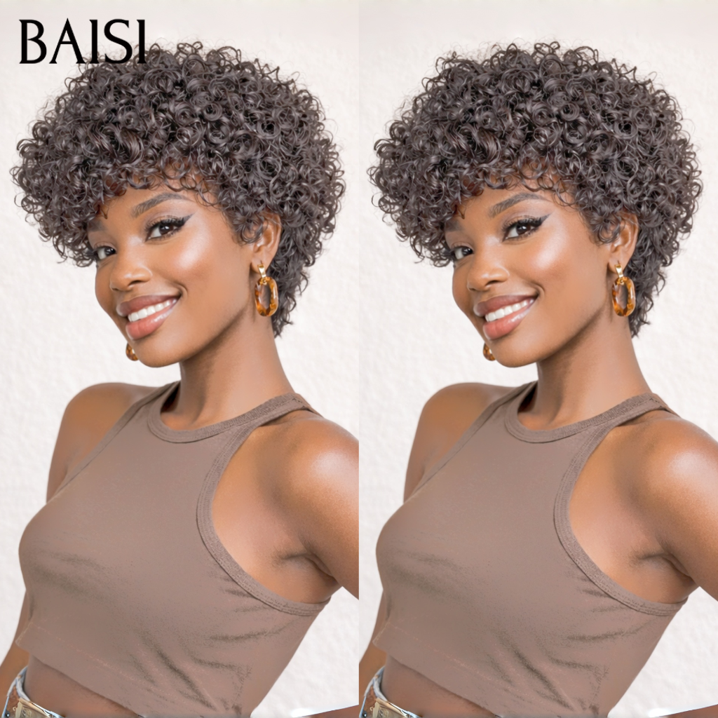 BAISI Perruque Pixie 69€ curly wave en Couleur Noir Respirant et confortable en 100% Cheveux Humains