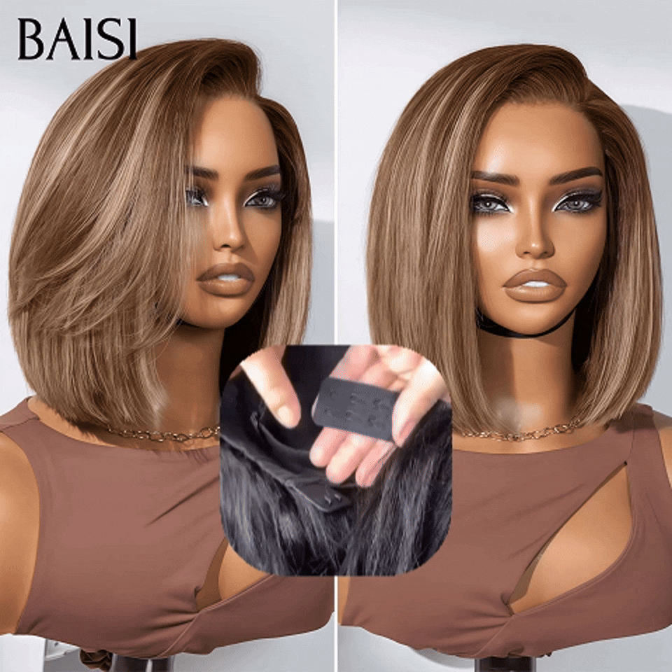 BAISI 13X4 Perruque Bob Lisse 10pouces 125€ En mixte sans colle taille standart réglable avec 3 grandeurs S , M , L 1 bonnet en 3 en 100% Cheveux Humains Pré-plucked Pas Besoin de Colle en 100% Raw Hair Lace déjà couper