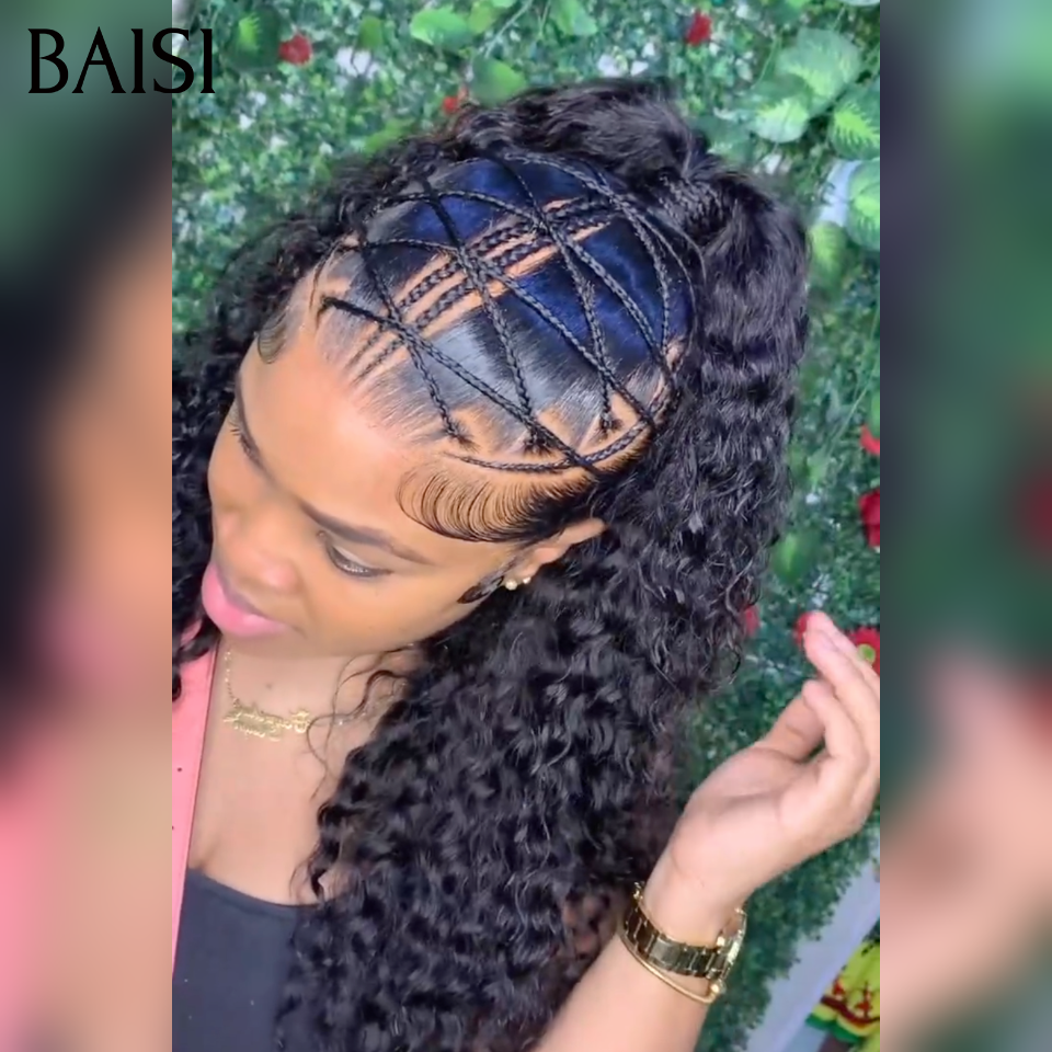 Prêt-à-porter 13x4 lace frontal Perruque Déjà Coiffée curly wave avec coiffure tressée natte Nouveau produit en 20 pouces pour seulement 149€ en 100% Cheveux Humains