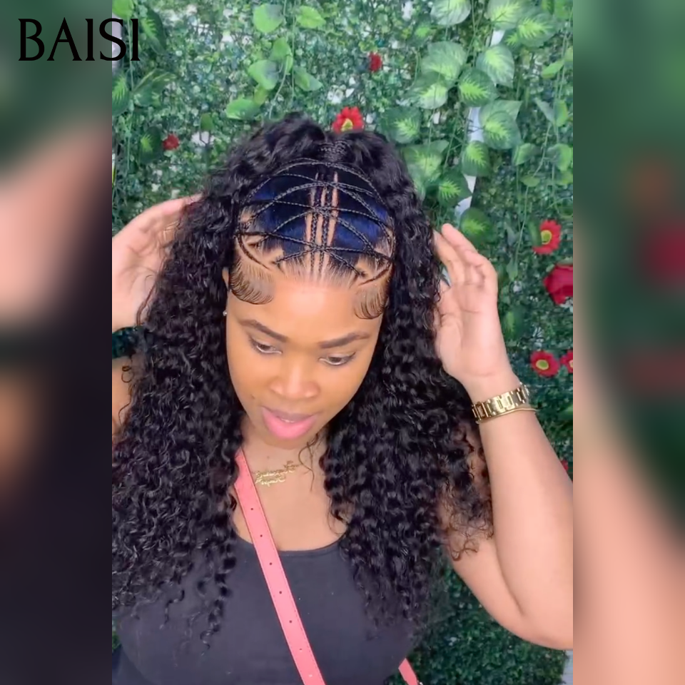 Prêt-à-porter 13x4 lace frontal Perruque Déjà Coiffée curly wave avec coiffure tressée natte Nouveau produit en 20 pouces pour seulement 149€ en 100% Cheveux Humains