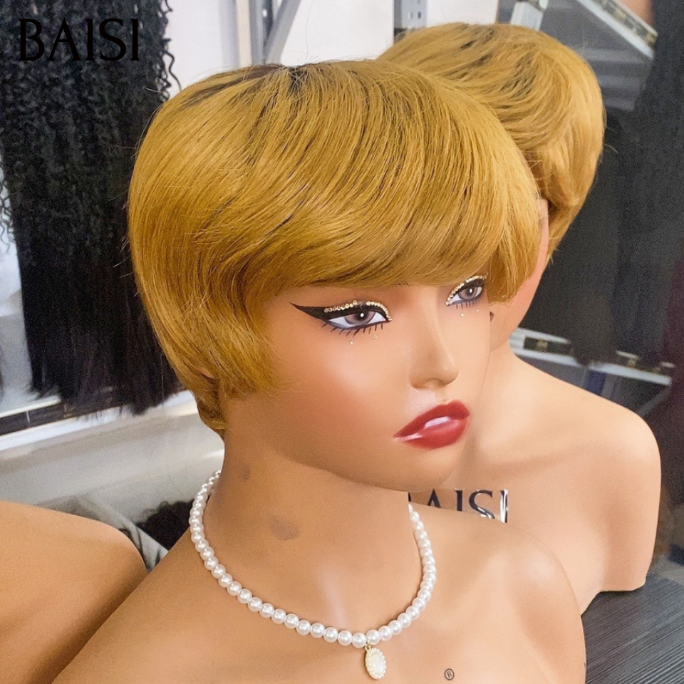 BAISI Grande Promo perruques 50€ pixie coupe fabriqué à la machine en couleur Miel Respirant et confortable En 100% Cheveux Humains