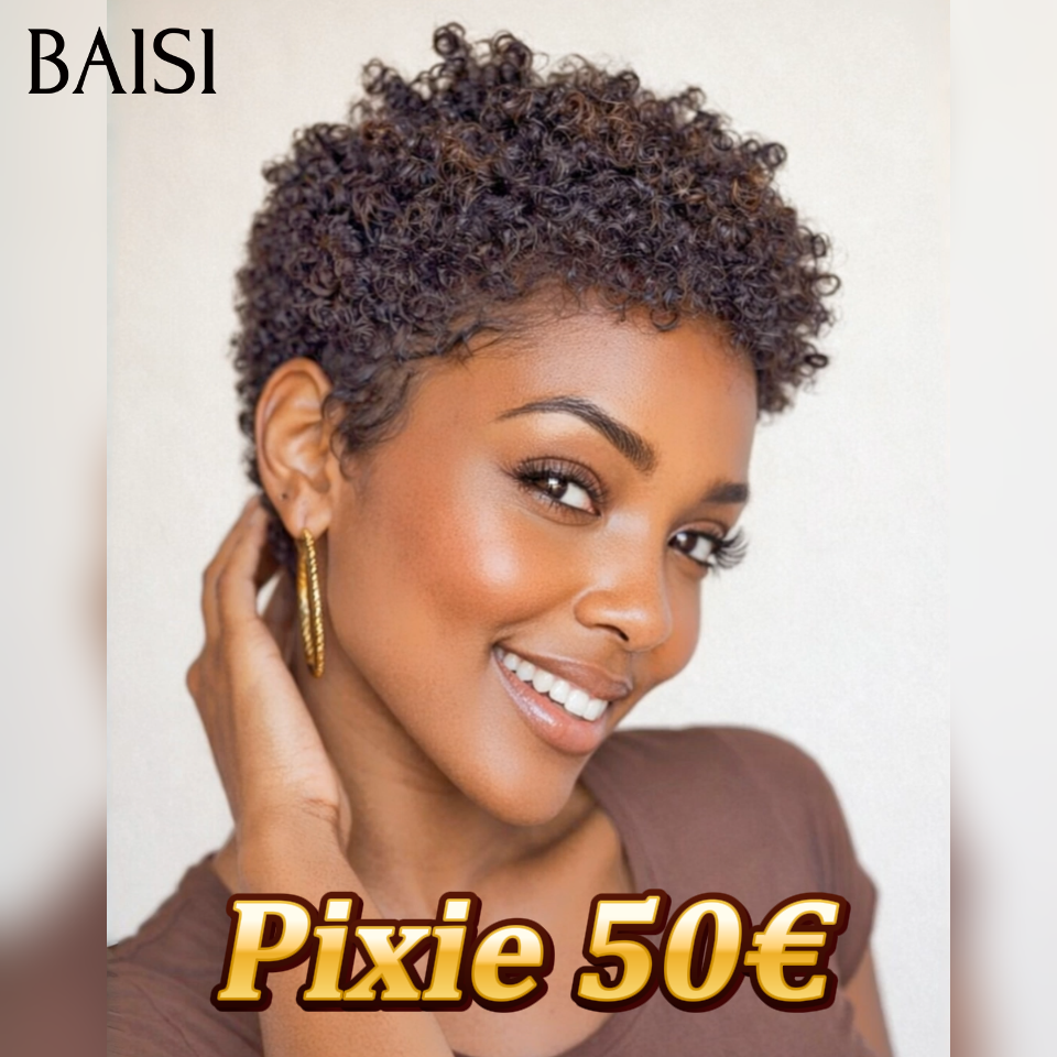 Promoção BAISI peruca pixie afro encaracolada ondulada em preto e castanho mesclado 50€ ou 4 perucas 180€ Fabricada à máquina finger wave e egg wave e lisa 100% cabelo humano