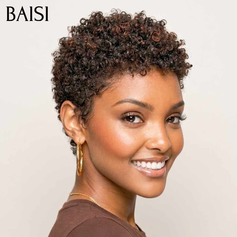 BAISI Achetez 2 perruques minimum au prix d'usine fournisseur en France TVA 0€ 48H arrivé pixie sans lace afro curly wave en noir mixte marron 40€ ou 13x4 Lace Frontal Perruque BOB Deep Wave Bob Sans Colle Lace En 100% Cheveux Humains