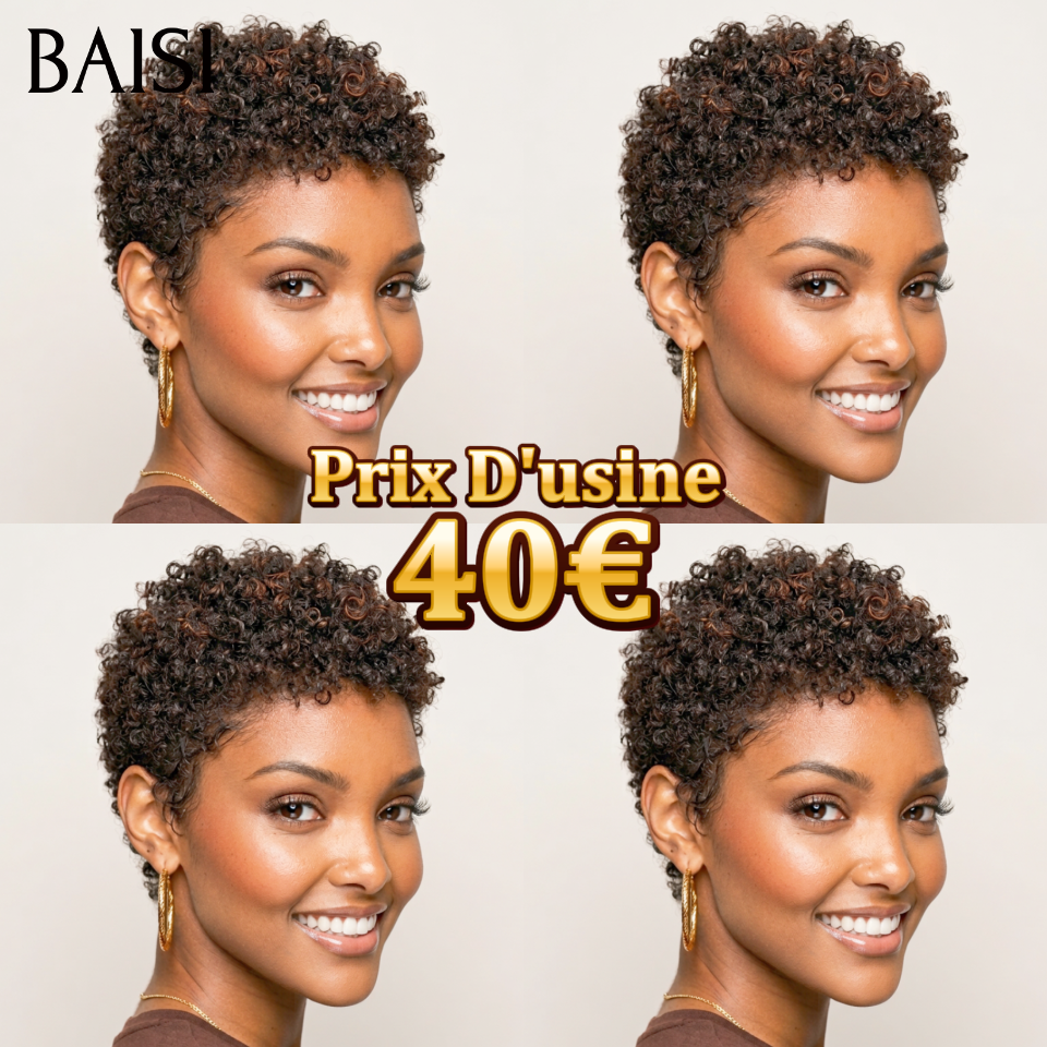 BAISI Achetez 2 perruques minimum au prix d'usine fournisseur en France TVA 0€ 48H arrivé pixie sans lace afro curly wave en noir mixte marron 40€ ou 13x4 Lace Frontal Perruque BOB Deep Wave Bob Sans Colle Lace En 100% Cheveux Humains