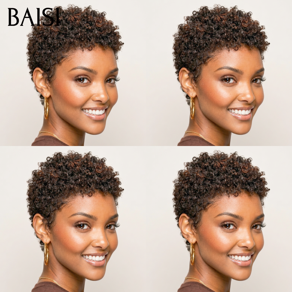BAISI Achetez 2 perruques minimum au prix d'usine fournisseur en France TVA 0€ 48H arrivé pixie sans lace afro curly wave en noir mixte marron 40€ ou 13x4 Lace Frontal Perruque BOB Deep Wave Bob Sans Colle Lace En 100% Cheveux Humains