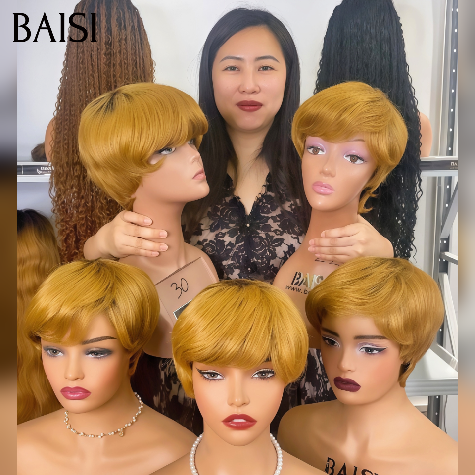 BAISI Grande Promo perruques 50€ pixie coupe fabriqué à la machine en couleur Miel Respirant et confortable En 100% Cheveux Humains