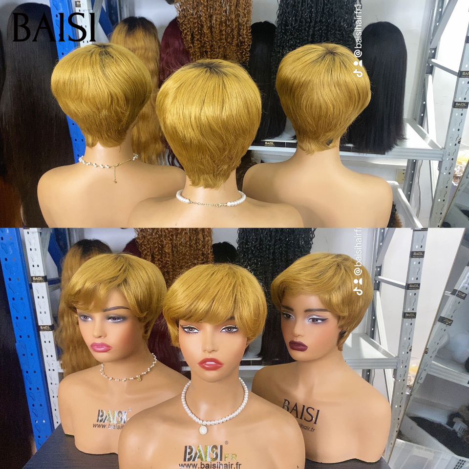 BAISI Grande Promo perruques 50€ pixie coupe fabriqué à la machine en couleur Miel Respirant et confortable En 100% Cheveux Humains