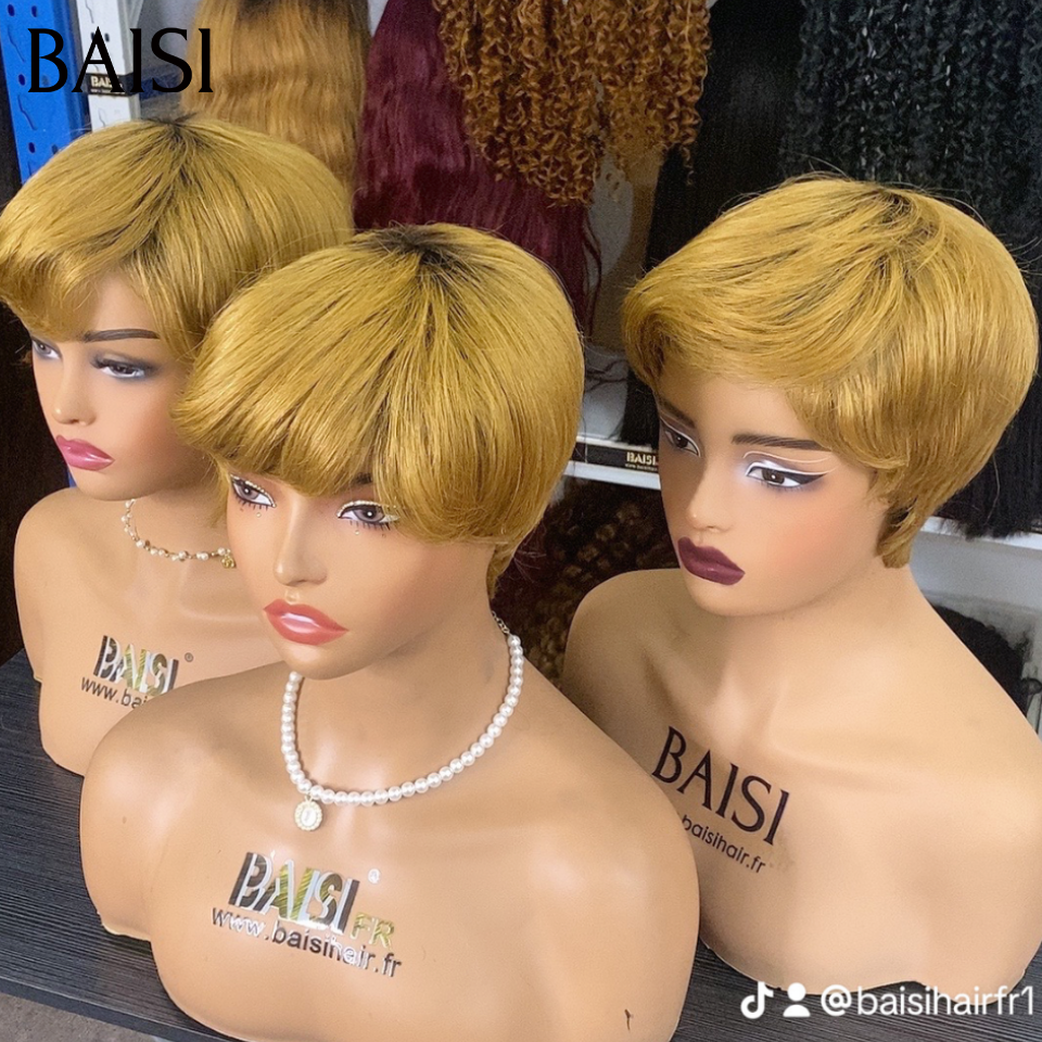BAISI Grande Promo perruques 50€ pixie coupe fabriqué à la machine en couleur Miel Respirant et confortable En 100% Cheveux Humains