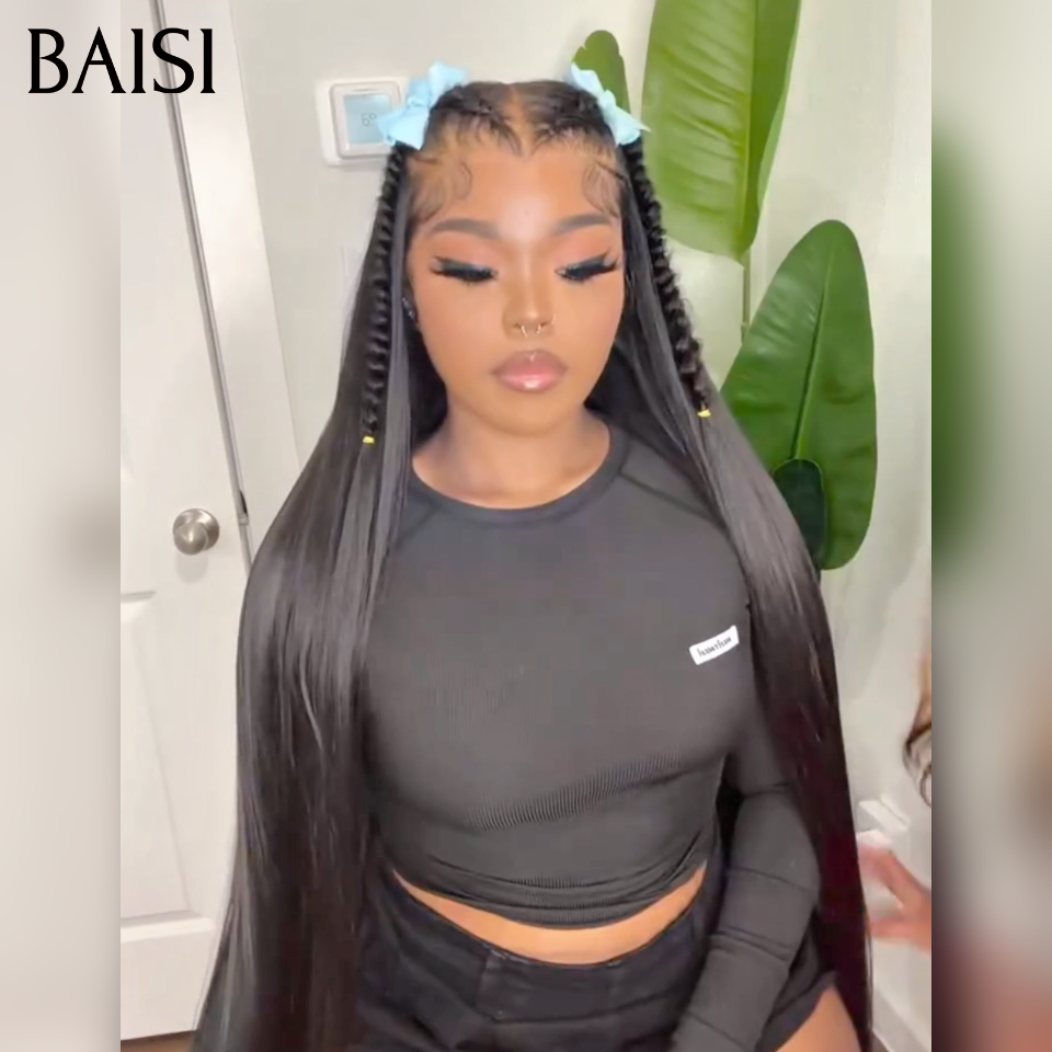 Nouveaux produits lancés 13x4 lace frontal Perruque Coiffée lisse raw hair en Noir avec coiffure tressée natte Les longueurs disponibles vont de 18 à 40 pouces en 100% Vrais Cheveux Humains