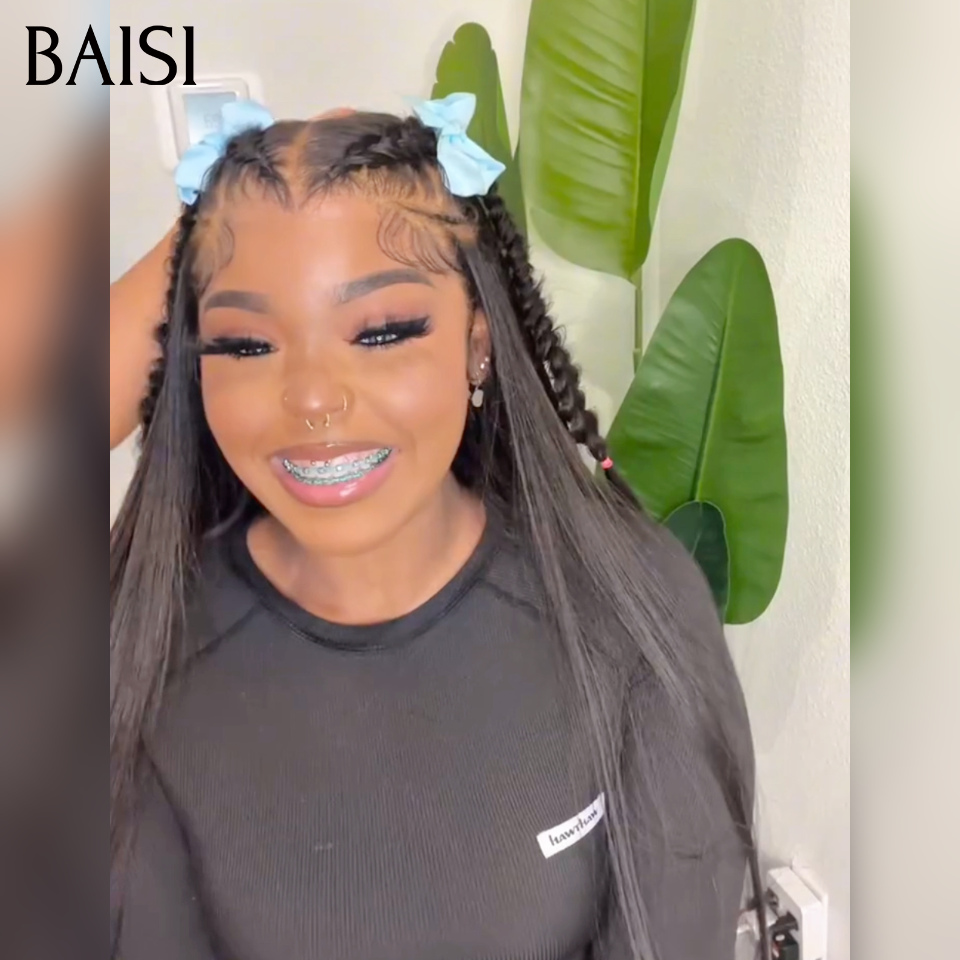 Nouveaux produits lancés 13x4 lace frontal Perruque Coiffée lisse raw hair en Noir avec coiffure tressée natte Les longueurs disponibles vont de 18 à 40 pouces en 100% Vrais Cheveux Humains