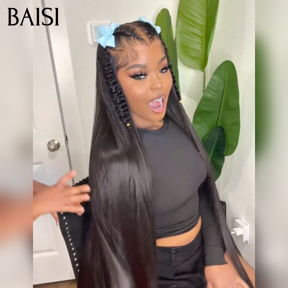 Nouveaux produits lancés 13x4 lace frontal Perruque Coiffée lisse raw hair en Noir avec coiffure tressée natte Les longueurs disponibles vont de 18 à 40 pouces en 100% Vrais Cheveux Humains