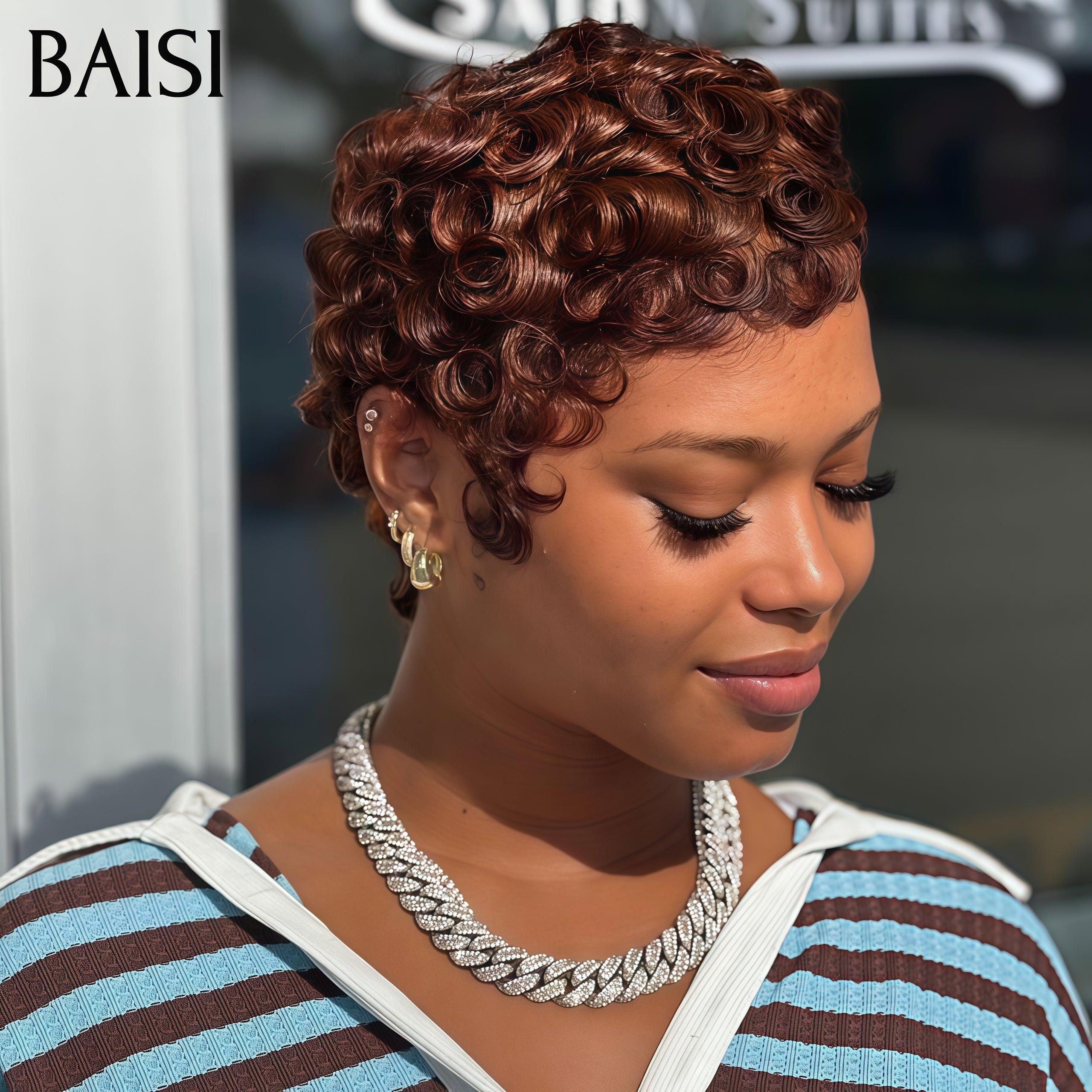 Parrucca ondulata BAISI Taglio pixie taglio intero in pizzo Onda con dita taglio piccolo in colore nero in capelli umani al 100% BS50