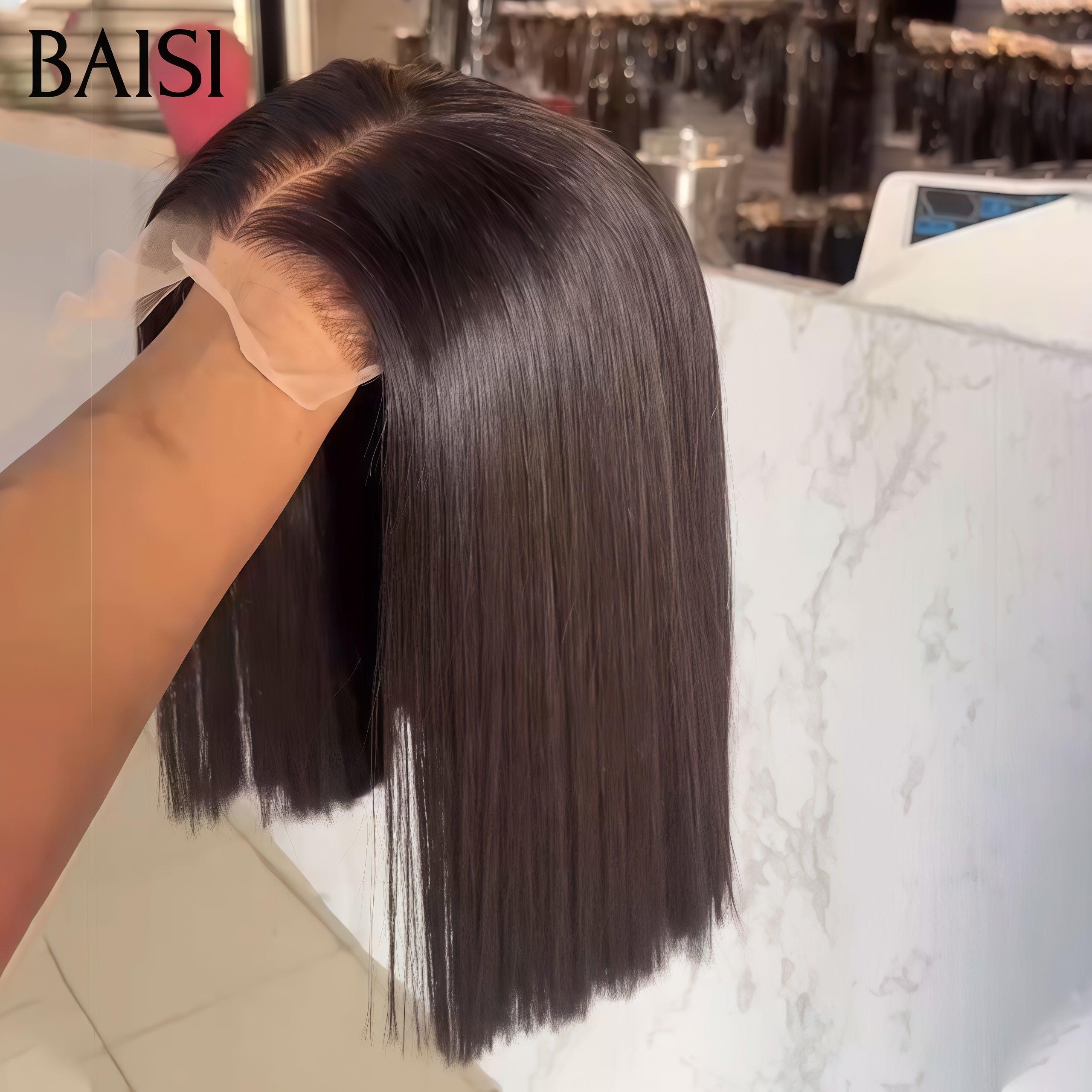 Peluca Bob recta de encaje BAISI 4X4 de 8 pulgadas en color NEGRO, mezcla de Borgoña # 1Bmxi # 99J en cabello 100% crudo