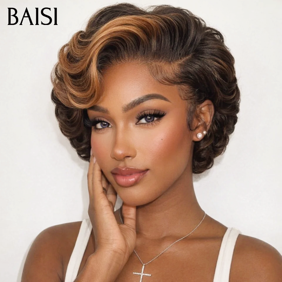 BAISI Achetez 2 perruques minimum au prix d'usine fournisseur Coupe Pixie bouclé En Marron Mixte Miel 100% Vrais Cheveux Humains (Pas Besoins De Code)