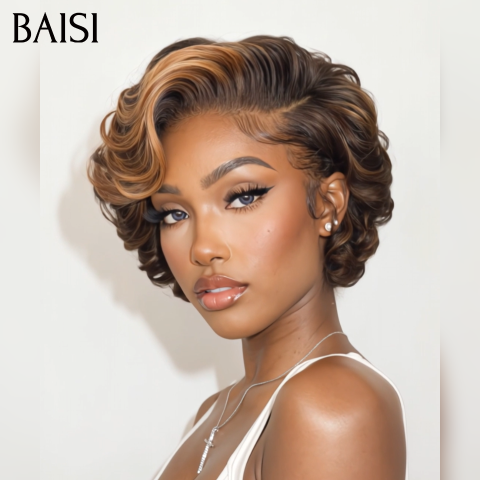 BAISI Achetez 2 perruques minimum au prix d'usine fournisseur Coupe Pixie bouclé En Marron Mixte Miel 100% Vrais Cheveux Humains (Pas Besoins De Code)