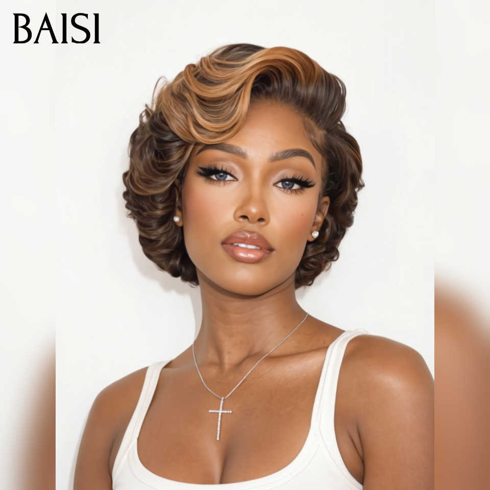 BAISI Achetez 2 perruques minimum au prix d'usine fournisseur Coupe Pixie bouclé En Marron Mixte Miel 100% Vrais Cheveux Humains (Pas Besoins De Code)