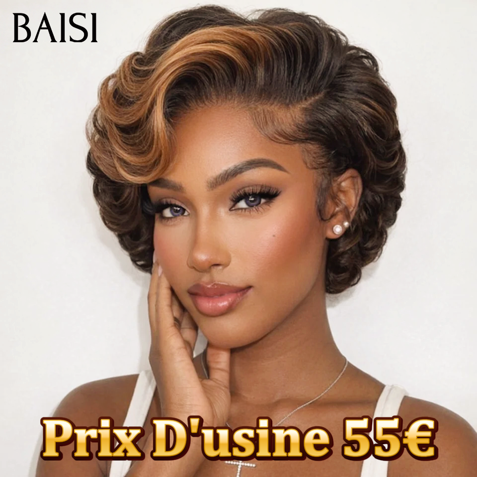 BAISI Achetez 2 perruques minimum au prix d'usine fournisseur Coupe Pixie bouclé En Marron Mixte Miel 100% Vrais Cheveux Humains (Pas Besoins De Code)