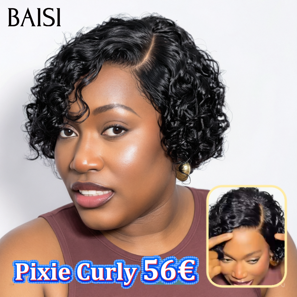 BAISI Pixie curly en noir 56€ ou FLORENCE Perruque Pixie Cut Lace Frontal 13x1 Curly 99J Bordeaux + orange en 100% Vrais Cheveux Humains C
