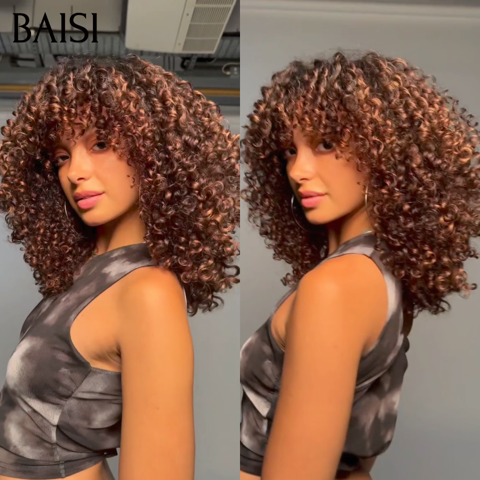 BAISI perruque duveteuse et respirante water wave avec Frange 12 Pouces Seulement 85€ ou 400% Volume 18 pouce perruque 189€ en couleur Marron mixte miel en 100% Cheveux Humains