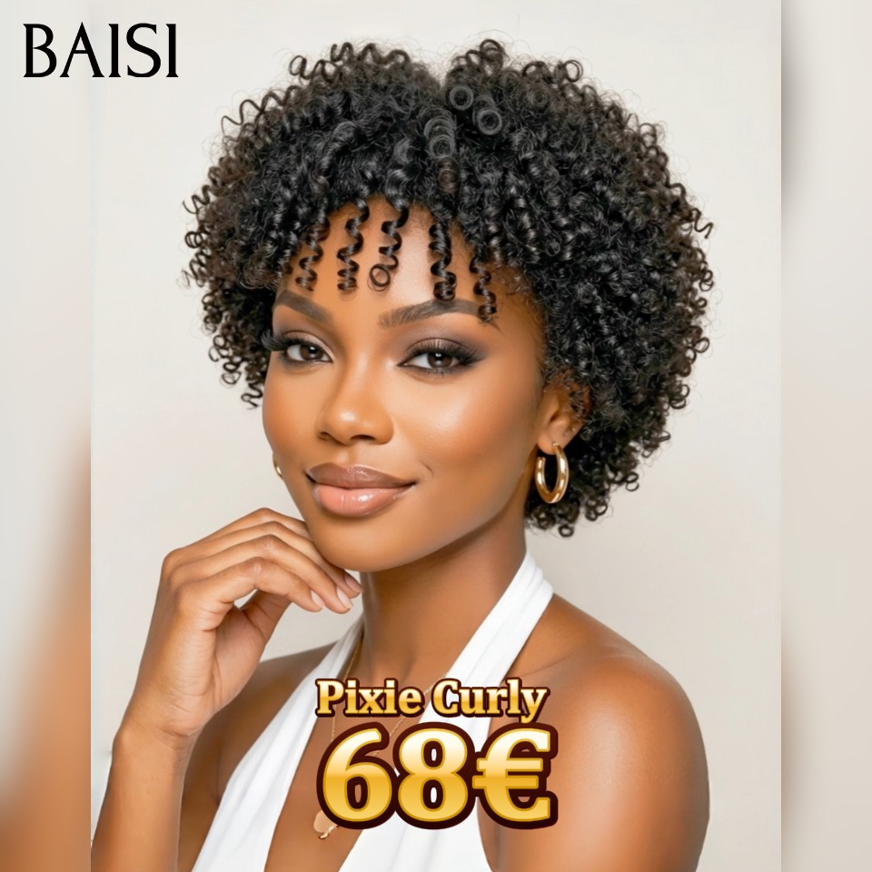 BAISI 13×4 lace Perruques Pixie Afro curly sans colle en couleur Noir 68€ ou fabriqué à la machine noir perruque 43€ en 100% cheveux humains