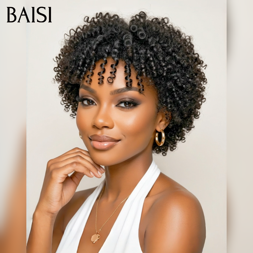 BAISI 13×4 lace Perruques Pixie Afro curly sans colle en couleur Noir 68€ ou fabriqué à la machine noir perruque 43€ en 100% cheveux humains