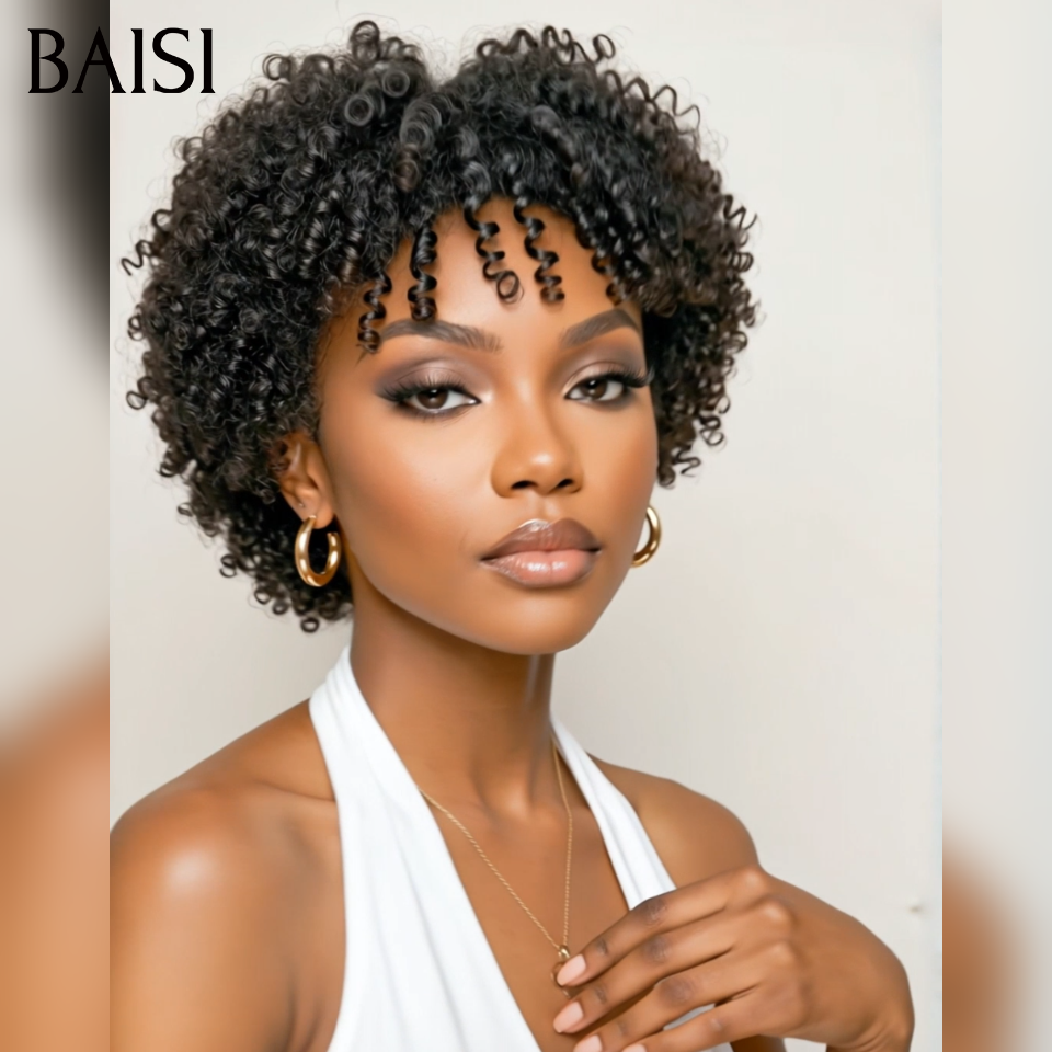 BAISI 13×4 lace Perruques Pixie Afro curly sans colle en couleur Noir 68€ ou fabriqué à la machine noir perruque 43€ en 100% cheveux humains
