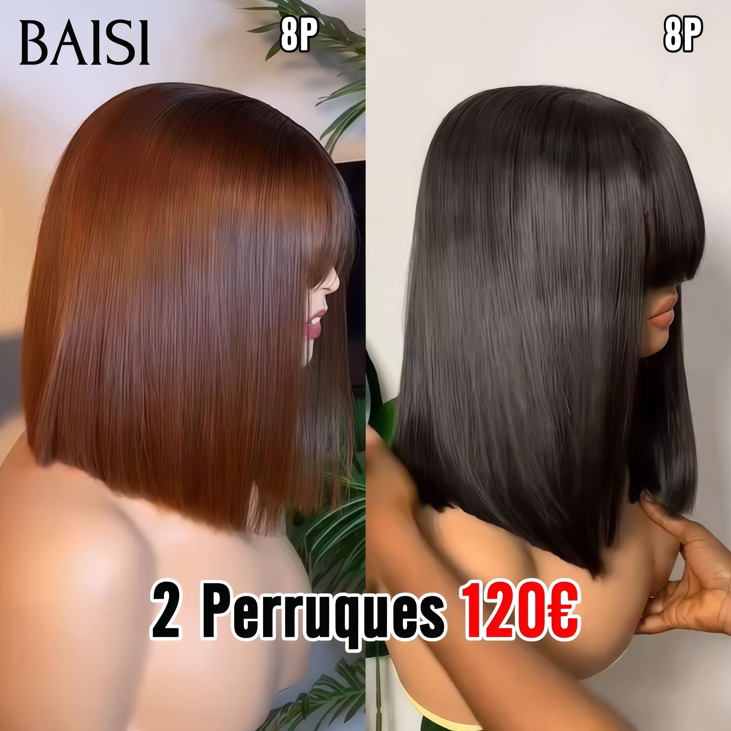 BAISI 2 Perruques 120€ Lisse avec Frange 8 Pouces Sans lace Lisse NOIR et Marron 250% densité DE luxe en 100% Cheveux Humains BS65