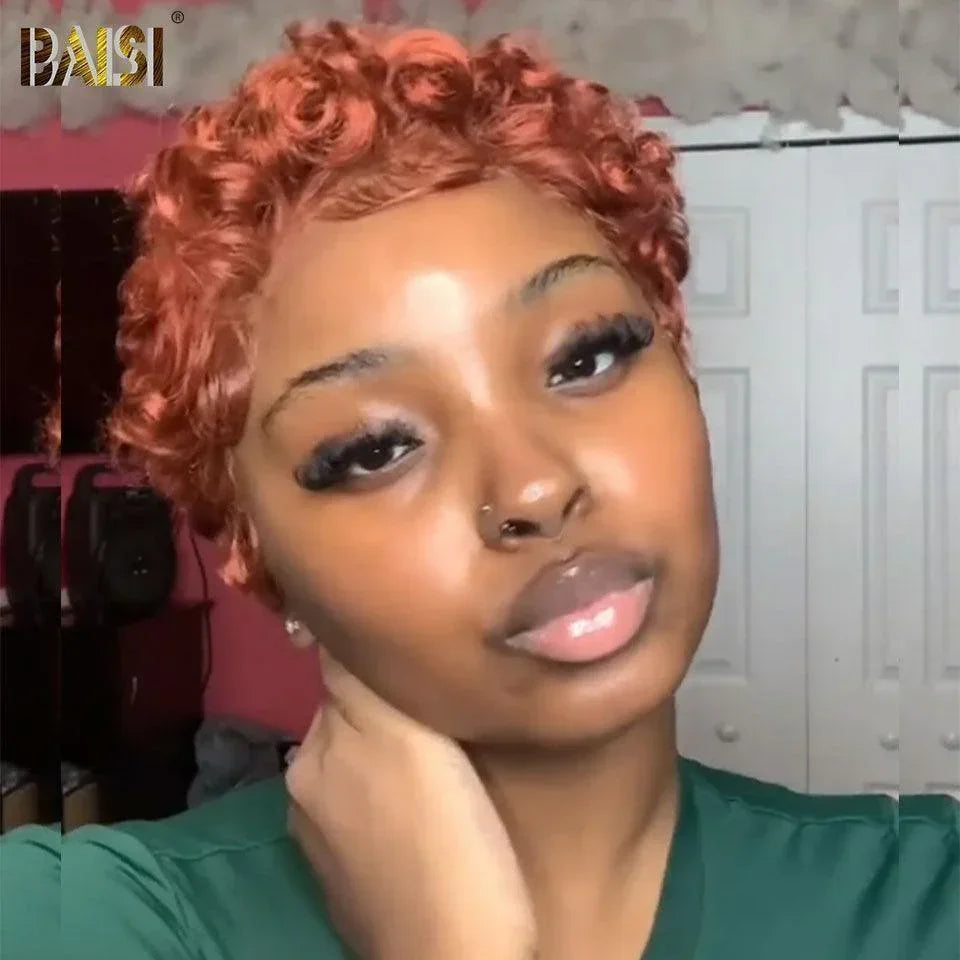 BAISI Pixie Cut Lace Frontal 13x4 Curly noir 65€ ou orange 350# 66€ en 100% Vrais Cheveux Humains D-048