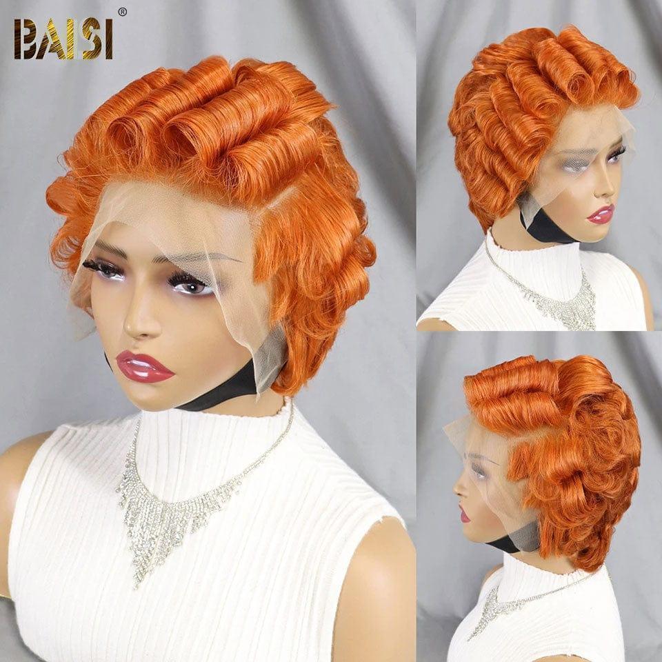 BAISI Offre aujourd'hui 59€ Pixie Marron 13X4 lace Perruque Pixie vague En 4 Couleur Miel ou NOIR ou orange ou Bordeaux en 100% Cheveux Humains