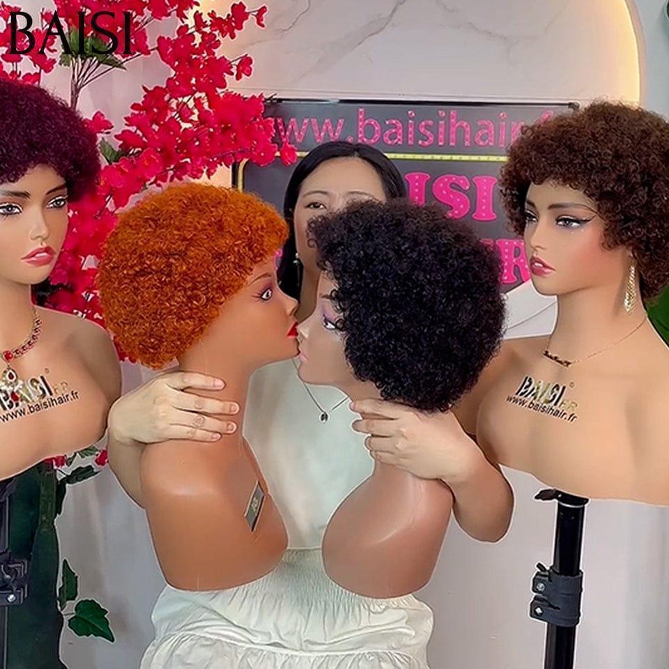 BAISI 4 Couleur Perruques 120€ Pixie Afro sans lace sans colle bouclé partout Noir en 100% cheveux humains