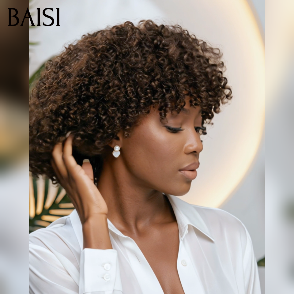Perruque promo 46€ curly wave avec frange Marron 1BT4# sans colle Fabriqué à la Machine en 100% Cheveux Humains