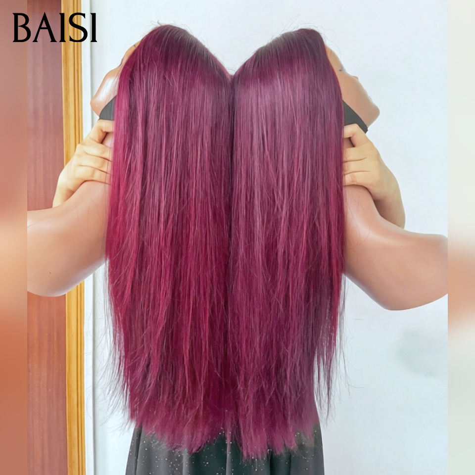 BAISI 13x4 Lace Frontal Perruque Lisse Rouge Bordeaux 18 Pouces 109€ en 100% Cheveux Humains