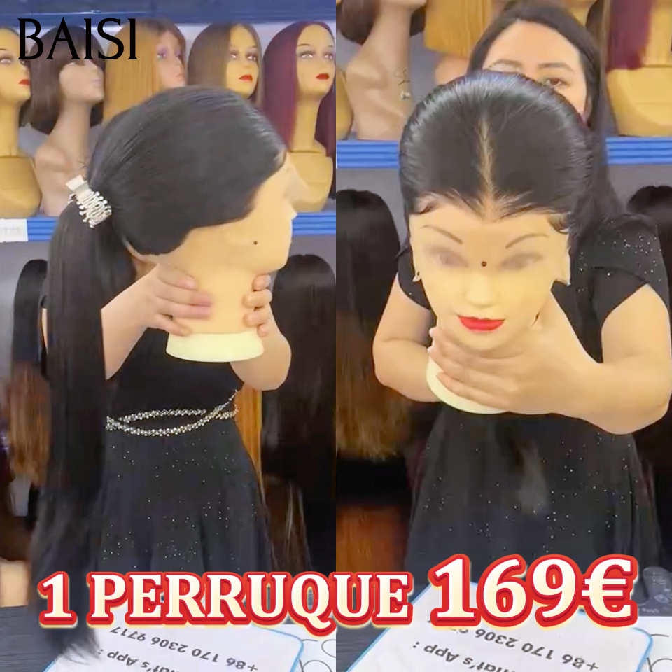 PROMO Full lace frontal Perruque avec Queue de Cheval 98€ 24 Pouces Lisse NOIR en Blended hair ou 13x4 lace frontal Lisse 100% human hair