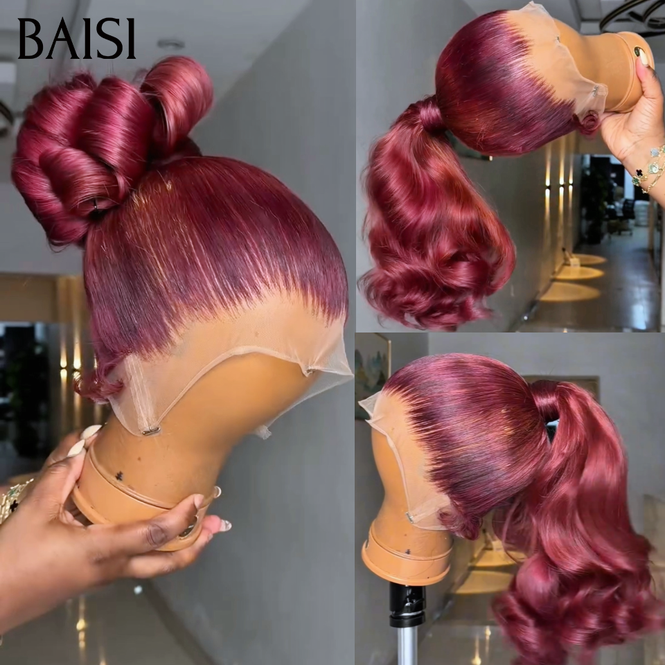 Nouveau produit 13x4 lace frontal Perruque avec Chignon de nattes PROMO Body wave Bordeaux en 100% Cheveux Humains