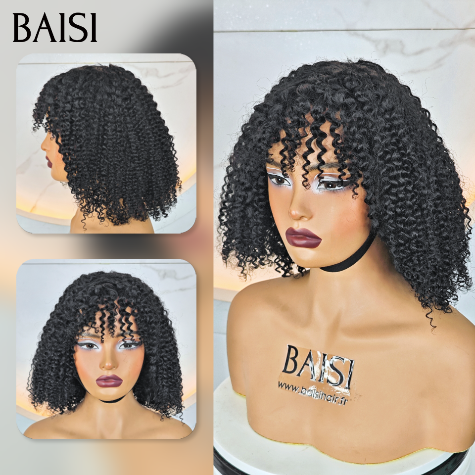BAISI Perruque BOB curly Wave avec Frange petite coupe fabriqué à la machine 10 Pouce promo 70€ En 100% Cheveux Humains